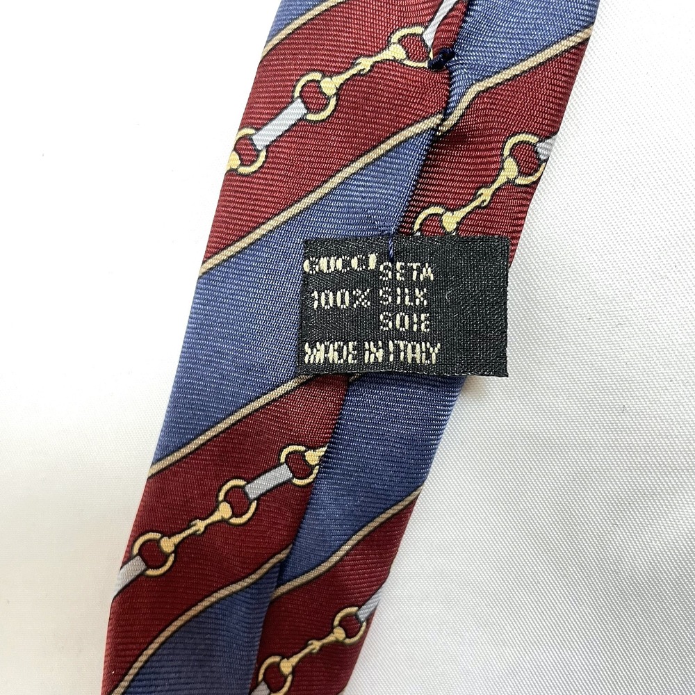GUCCI 100% Silk Tie Red Blue Diagonal Stripe Gold Silver Chain Horsebit Italy - Picture 10 of 11